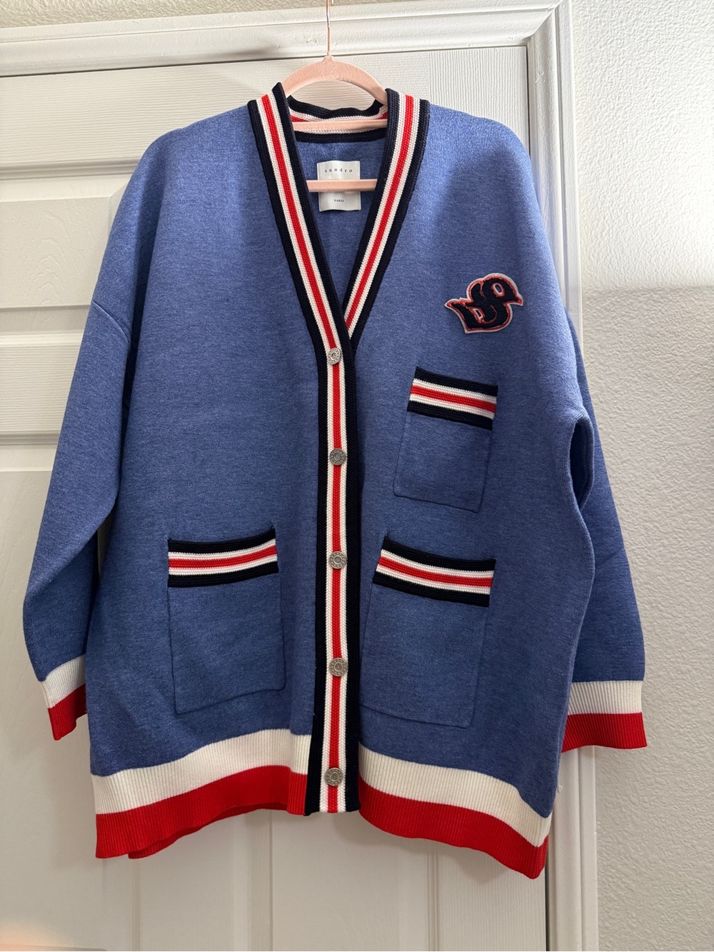 Sandro Blue Cardigan with Red White and Black Trim